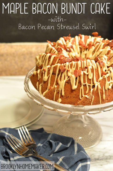 maple bacon bundt cake with bacon pecan streusel swirl | Brooklyn Homemaker Bacon Cake, Bacon Desserts, Bacon Treats, Candied Bacon, Salty Cake, Pretty Dessert, Maple Bacon, Bundt Cakes Recipes, Pound Cake Recipes