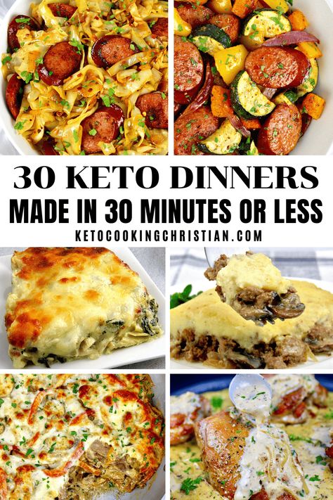 30 Keto Dinners Made in 30 Minutes or Less A collection of 30 Keto friendly dinners that can be made in 30 minutes or less, perfect for a busy weeknight or when you're short on time! #lowcarb30minutemeals #keto30minutemeals #ketoeasydinners #ketoweeknightmeals #lowcarbeasydinners Friday Night Keto Dinner Ideas, Keto Weeknight Meals, Keto Friendly Family Dinners, Lazy Keto Recipes Dinner, Keto Menus For Beginners, Keto Main Dishes For Dinner, Clean Keto Dinner Recipes, Easy Keto Dinners For Family, 5 Ingredient Keto Recipes