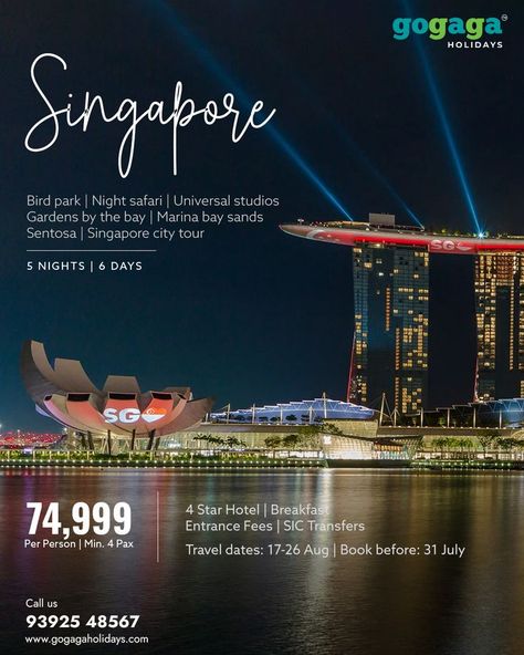 Plan a trip to Singapore this August with Gogaga Holidays. For more details, please call us at 93925 48567. Green City Poster, Tourism Design, Singapore Tour, Holiday Birds, Singapore City, Hotel Breakfast, Social Media Ads, Social Media Advertising Design, Plan A Trip