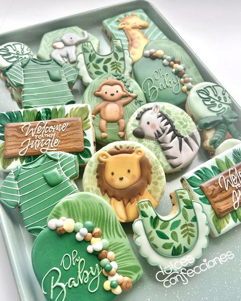 🦒Close ups of this baby shower safari set🦓 It's always fun creating designs with a monochrome color palette! . . . #decoratedcookies #safarixookies #sugarcookiesofinstagram #customcookies #edibleart #sugarart Baby Safari Sugar Cookies, Jungle Baby Shower Cookies, Safari Baby Shower Cookies, Lion Theme Baby Shower Ideas, Jungle Safari Baby Shower Ideas, Safari Baby Cookies, Baby Shower Safari, Lion Baby Shower Theme, Giraffe Baby Shower Theme