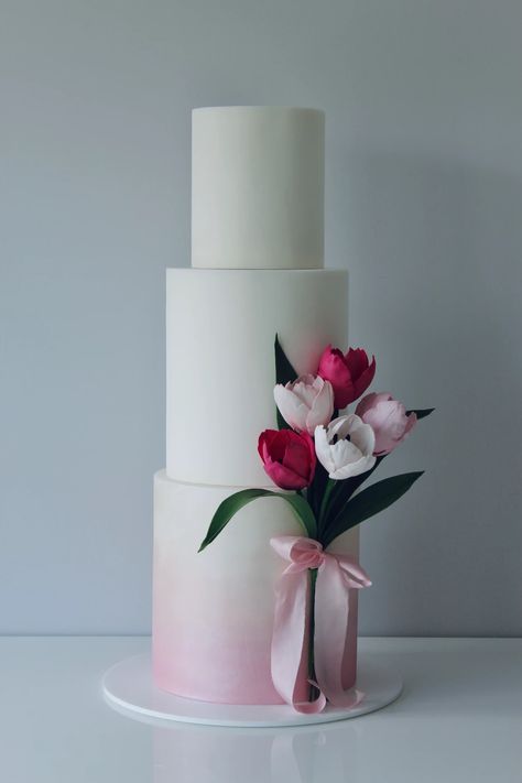 Silk Ribbon Wedding Cake, Wedding Cake With Tulips, Wedding Cake Tulips, Tulip Wedding Cake, Tulips Cake, Wedding Cake Quotes, Nikkah Cake, Wedding Cake Gold Leaf, Tier Wedding Cakes