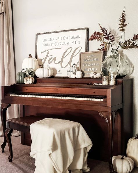 Piano Fall Decor, Fall Piano Decor, Blessed Friends, Black Piano, Piano Decor, Piano Room, Plant Decor Indoor, Farmhouse Style Decorating, Fall Harvest