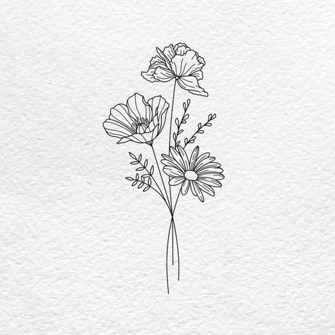 small tattoos by Tattoo Art & Designs Family Line Art, Birth Month Flower Bouquet, Flowers Minimalist, Line Art Tattoo, Flower Bouquet Tattoo, Flower Tat, May Birth Flowers, Bouquet Tattoo, Mommy Tattoos