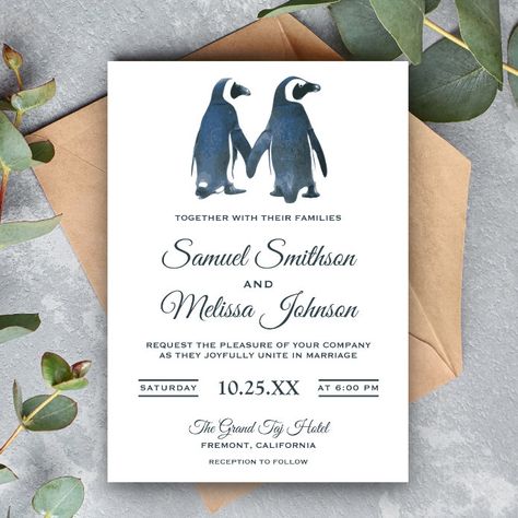 Cute Romantic Couple Penguin Wedding Invitation - tap to personalize and get yours #penguin, #wedding, #elegant, #unique, #animals, Penguin Wedding, Oak Tree Wedding, Mason Jar Wedding Invitations, Gray Watercolor, Tree Wedding Invitations, Elegant Wedding Invitation, Wedding Anniversary Invitations, Wedding Invitations Romantic, Mason Jar Wedding