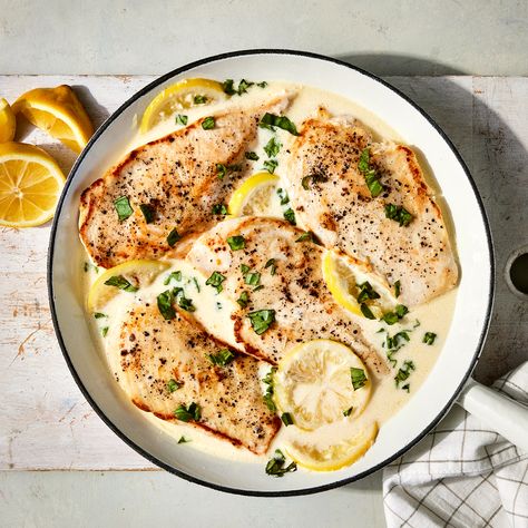 Creamy Lemon-Basil Chicken Picatta Recipes, Lemon Basil Chicken, Piccata Recipe, Chicken Piccata Recipe, Light Meals, Basil Chicken, Lemon Basil, Chicken Piccata, Chicken Dinners