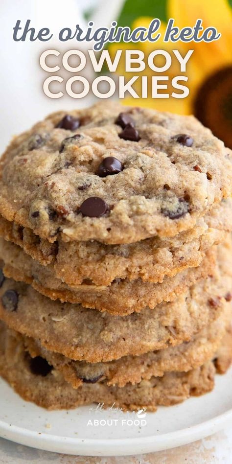 These are the original Keto Cowboy Cookies. You can't resist these big low carb cookies loaded with chocolate chips, coconut, and pecans! Keto Coconut Chocolate Chip Cookies, Almond Flour Cowboy Cookies, Keto No Bake Cookies Coconut, Healthy Cowboy Cookies, Keto Butter Pecan Cookies, Keto Oatmeal Chocolate Chip Cookies, Keto Low Carb Cowboy Cookies, Keto Pecan Pie Cookies, Keto Chocolate Chip Cookie Bars