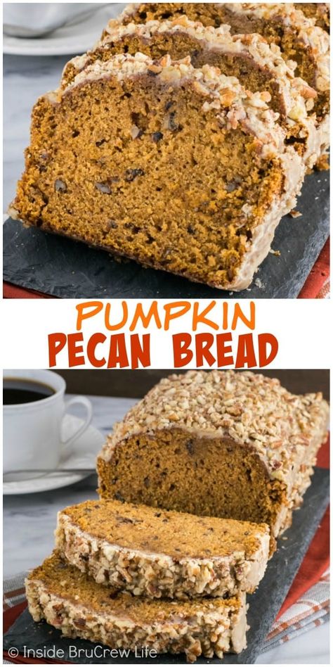 Praline Glaze, Pecan Bread Recipe, Pumpkin Pecan Bread, Easy Pumpkin Bread, Healthy Pumpkin Dessert, Pecan Bread, Pumpkin Bread Easy, Pumpkin Bread Pudding, Homemade Breads