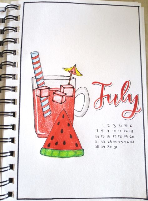 Watermelon Journal Ideas, Watermelon Bujo Theme, Bujo Summer Theme, Summer Notebook Ideas, July Drawing Ideas, July Journal Ideas, July Bujo Theme, August Drawings, Month Drawings