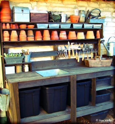 Cool garden sheds & working gardens #gardens #gardensheds #workinggardens #gardeninspiration #gardeninspo #gardenshed #sheds #shedinspiration #garden Long Potting Bench, Potting Bench With Soil Bin, Green House Organization, Soil Storage Ideas, Potting Soil Storage, Compost Station, Greenhouse Organization, Soil Storage, Potting Area