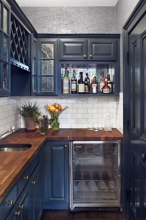 Love the color navy? So do we! Learn how to decorate with navy blue and get our BEST navy paint colors by A Blissful Nest. #navyblue #designtips #decoratewithnavy #navydecor #navylivingroom #blueappliances http://ablissfulnest.com Wooden Counter Tops, Navy Blue Kitchen Cabinets, Navy Blue Kitchen, Navy Kitchen, Kabinet Dapur, Blue Kitchen Cabinets, Wooden Counter, Decor Ikea, Blue Cabinets