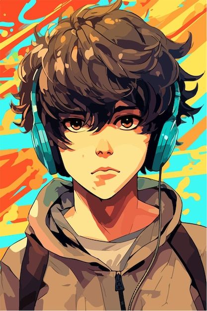 Cartoon Vector Illustration, Anime Guy With Headphones, Boy Painting Aesthetic, Boy With Headphones Drawing, Anime Character Sketches, Headphone Character, Headphones Character, Anime Gamer Boy, Anime Boys Wallpaper