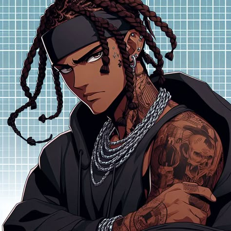 He has dark skin and grey eyes. He has many tattoos and wears silver jewellery. He has dark brown hair and braids. his look is serious. Created with AI Hot Black Guys With Dreads, Black Anime Characters Dreads, Dark Skin Anime Characters, Twt Pfp, Black Cartoons, Anime Oc Male, Dark Skin Anime, Many Tattoos, Black Dreads