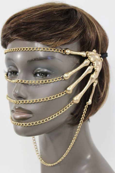 Head Chain Jewelry, Gold Skeleton, Gay Christmas, Mouth Mask Fashion, Chains Fashion, Body Necklace, Cover Face, Casual Halloween, Face Jewellery