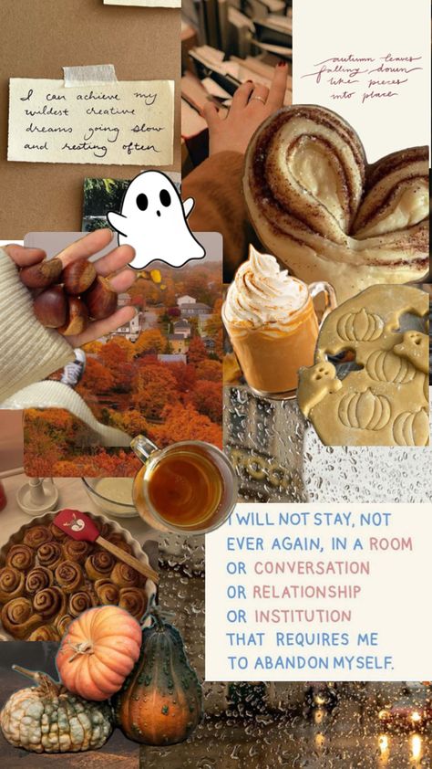 In this collage there are gosts, orange leaves, books, pumpkins, a pumpkin spice latte and a tea, books and sentences about living a slow life and a life that fits you November Vision Board, Phone Wallpaper, Vision Board