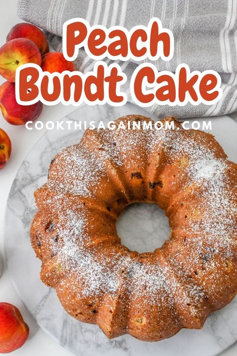 This moist and delicious Peach Bundt Cake is super easy to prepare and uses fresh peaches and basic pantry ingredients! Fresh Peach Pound Cake Recipe, Peach Bundt Cake, Bundt Cake Mix, Peach Pies, Peach Cake Recipes, Peach Pound Cakes, Peach Dessert, Peach Muffins, Awesome Desserts