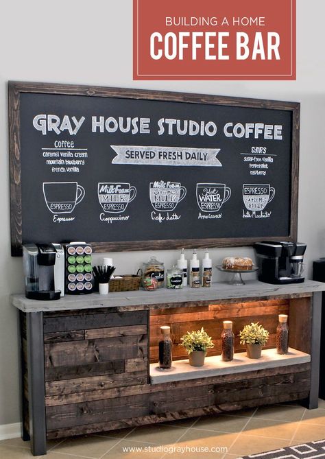 DIY Coffee Bar - Every detail of this DIY Project is fantastic! They wanted to bring a coffee shop atmosphere into their breakfast nook, so they built their own in-house coffee bar! Kaffe Station, Rustic Coffee Shop, Bar Nook, Diy Coffee Station, Café Design, Coin Café, Diy Coffee Bar, Coffee Bar Design, Tea Station