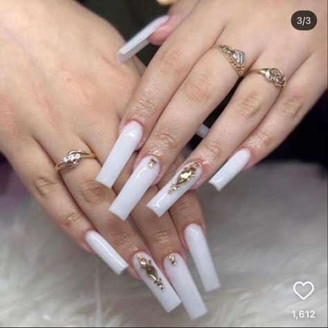 White Nail Ideas With Rhinestones, 15 Nails Ideas White, All White Nails With Gems, Plain White Nails With Gems, White Nails With Pink Rhinestones, White Jeweled Nails, Long Acrylic Nails Designs Ideas White, White Nails With Blue Gems, Basic White Nails With Rhinestones