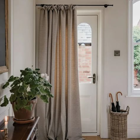 Door curtain ideas are back - here's how to get the look | Ideal Home Curtains Over Front Door, Hallway Curtains, Tori Murphy, Wool Mushroom, Drafty Doors, Front Door Curtains, House Entry, Thick Curtains, Hallway Inspiration