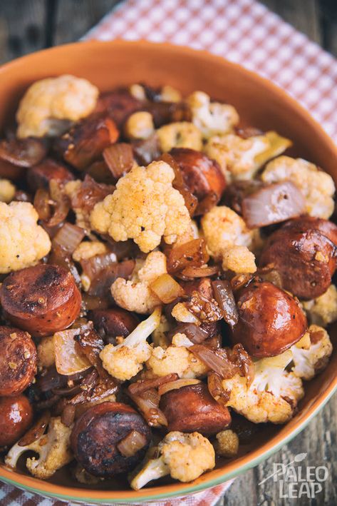 Toss your favorite sausage in the skillet, brown it on all sides, remove, add cauliflower and spices, fried sausage and stir. Well done! Sausage And Cauliflower, Paleo Pork Recipes, Cauliflower Stir Fry, Healthy Cheese, Paleo Pork, Spicy Sausage, Dinner Appetizers, Paleo Dinner, Paleo Breakfast