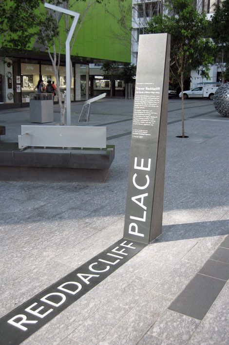 Inspiration for STONE - example of signage incorporated into pavement. STONE creates unique concrete paving and architectural products suitable for streetscapes and urban spaces. Photo credit : Source unknown - Reddacliff Place Memorial, Brisbane Interpretive Signage, Wayfinding Signage Design, Wayfinding Signs, Wayfinding Design, Wayfinding System, Exterior Signage, Signage System, Outdoor Signage, Environmental Graphic Design