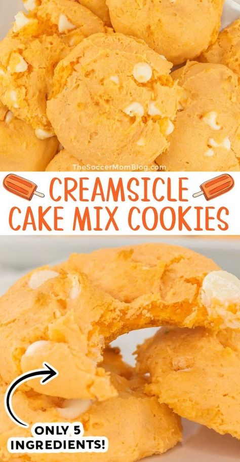 Cake Mix Orange Creamsicle Cookies - The Soccer Mom Blog Creamsicle Cookie Recipe, Orange Creamsicle Cookies, Creamsicle Cookies, Creamsicle Ice Cream, Creamsicle Cake, Easy Cookie Recipe, Sweet Treats Recipes, Favorite Dessert, Orange Creamsicle