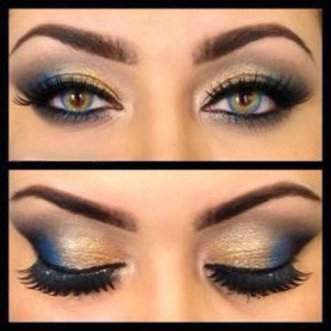 Love this look Dark Blue And Gold Eye Makeup, Gold And Blue Makeup Looks, Blue And Gold Eyeshadow, Blue And Gold Makeup, Navy Eye Makeup, Make Up Gold, Gold Eye Makeup, Gold Eyeshadow, Beauty Make-up