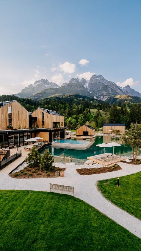 Forest Resort Architecture, Wellness Resort Design, Mountain Resort Design, Forest Hotel, Hotel Landscape, Furniture Photography, Resort Plan, Indoor Pool Design, Mountain Hotel