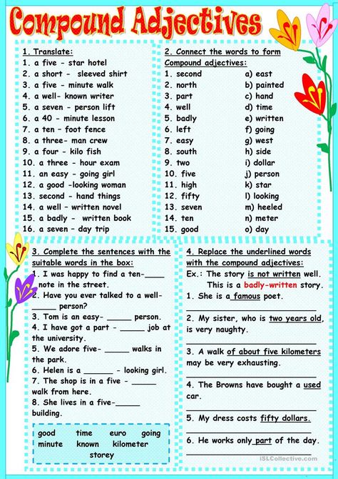 Compound Adjectives Compound Adjectives, Adjectives Esl, Adjectives Exercises, Teaching Adjectives, Compound Words Worksheets, English Grammar Test, English Adjectives, Adjective Worksheet, Word Formation