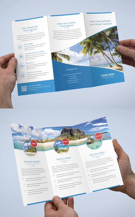 Travel Agency Tri-Fold Brochure Template PSD Travel Agency Brochure Design, Travel Brochure Design Layout Trifold, Tourist Brochure Design, Travel Brochure Design Layout, Travel Brochure Design Creative, Travel Leaflet, Brochure Sample, Travel Brochure Design, Tourist Brochure