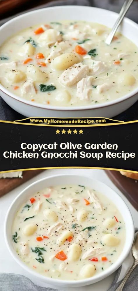 This Copycat Olive Garden Chicken Gnocchi Soup is rich, creamy, and full of tender chicken, soft gnocchi, and veggies. It's the perfect homemade version of the classic soup from Olive Garden. Ingredients: 2 cups cooked chicken, shredded 1 cup gnocchi 1 cup spinach 2 cups heavy cream A creamy, comforting soup that’s perfect for a cozy night in Gnocchi And Vegetables, Soup From Olive Garden, Copycat Olive Garden Soup, Copycat Olive Garden Chicken Gnocchi, Olive Garden Chicken Gnocchi Soup Recipe, Olive Garden Gnocchi Soup, Copycat Olive Garden Chicken, Hearty Chicken Soup, Olive Garden Soups