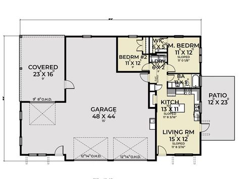 Floor Plan, 090G-0005 Shop With 2 Bedroom Apartment, 750 Sq Ft House Plans, Barn Garage Plans, Shop With Living Quarters, Garage Apartment Plan, Barn Plan, Garage Guest House, Barn Shop, Garage Apartment Plans