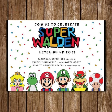 Mario Themed Birthday Party Invitations, Level One Birthday Party, Super Mario Level Up, Super Mario First Birthday, Mario Kart Birthday Party Invitations, Super Mario Party Invitations, Super Mario 1st Birthday Party, Mario First Birthday Party, Mario 4th Birthday Party