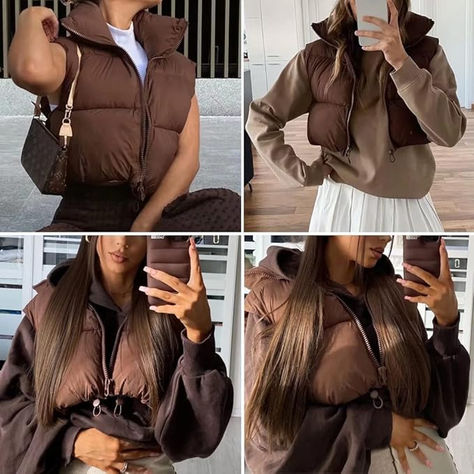 Want to up your style? Put a vest over your next fit and see the difference! Winter Crops, Cold Fashion, Crop Vest, Sleeveless Puffer, Vest Outfit, Trendy Fits, Brown Outfit, Cropped Vest, Woman Standing