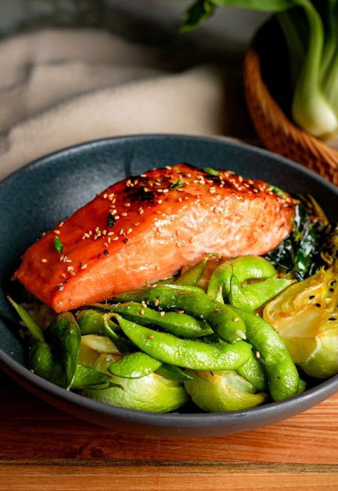 Sheet Pan Miso Yuzu Glazed Salmon & Bok Choy - Chasing Cravings Miso Salmon, Bread Soup, Easy Pasta Dinner, Black Cod, 30 Minute Dinners, Salmon Filet, Glazed Salmon, Japanese Cooking, Toasted Sesame Seeds