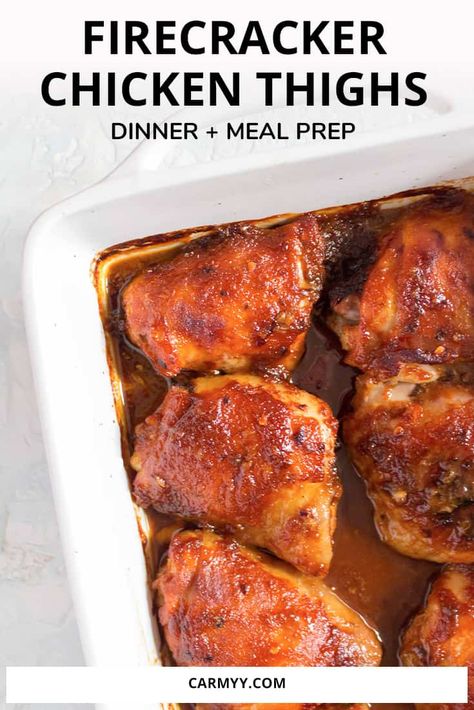 Spicy Chicken Thigh Recipes Baked, Easy Chicken Thigh Meal Prep, Baked Firecracker Chicken, Spicy Chicken Thigh Recipes, Chicken Thigh Meal Prep, Spicy Chicken Thighs, Chicken Thighs Dinner, Spicy Baked Chicken, Firecracker Chicken