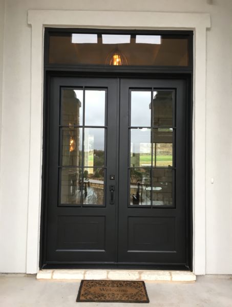 Classic - DD - ST - Transom - Durango Doors Double Door With Transom Entryway, Double Black Doors Entry, All Glass Double Front Doors, Modern Classic Front Door, Exterior Double Doors Entryway, Koto Cabin, Off Center Front Door, Double Front Doors With Glass Panels, Black Front Door Ideas