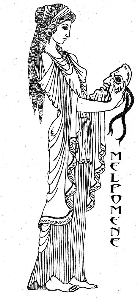 •	Melpomene -  the “Songstress” is the muse of Tragedy in spite of her Joyous Singing and is represented by the tragic mask. She is sometimes seen with garland, a club and a sword. She is often seen wearing cothurnes, boots traditionally worn by tragic actors, and a crown of cypress.  Art by Katlyn Thalia And Melpomene Tattoo, Muse Melpomene, Muse Greek, Greek Muses, The Muses, Greek Tragedy, Greek Mythology Tattoos, Ancient Greek Art, Mythology Tattoos