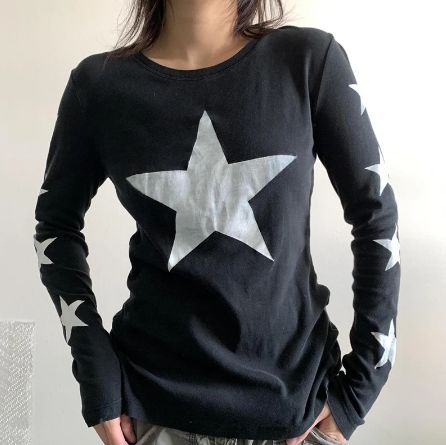 Grunge Star, Vintage Dark Academia, Geometric Clothing, 2000s Streetwear, Y2k Long Sleeve, Aesthetic T Shirts, E Girl, Y2k Clothing, Collars For Women