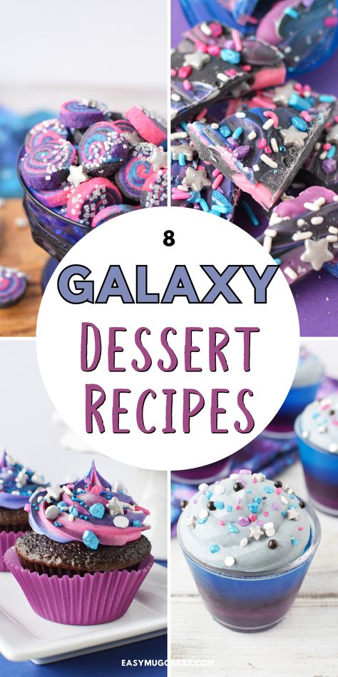 Galaxy dessert ideas for your next space-themed party, the eclipse, and beyond! These 8 easy recipes are fun for any intergalactic event, space movie night, or whenever! Space Themed Desserts Easy, Space Dessert Table, Space Themed Food Ideas, Space Themed Cupcakes, Space Theme Party Food, Star Desserts, Magical Desserts, Space Themed Desserts, Planets Birthday