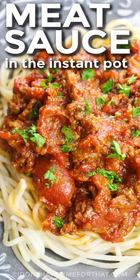 Instant pot spaghetti sauce on a plate with pasta and writing Instant Pot Meat Sauce, Instant Pot Meat, Instant Pot Spaghetti Sauce, Beef Red Wine, Taco Pasta Recipes, Instant Pot Spaghetti, Homemade Meat Sauce, Pasta Substitute, Canning Whole Tomatoes