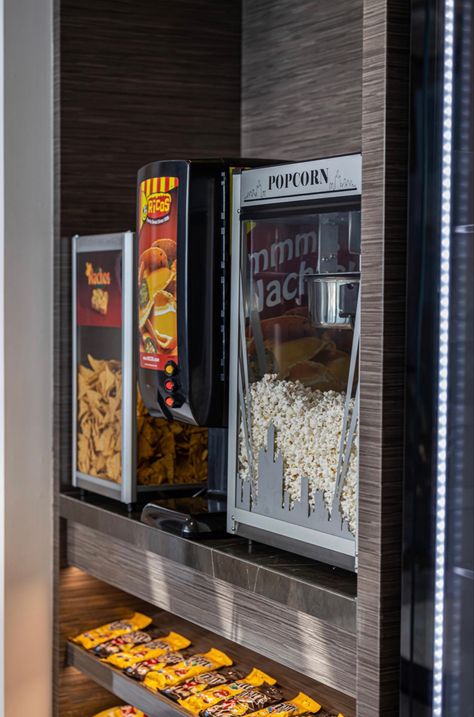 Mini Cinema Room Ideas, Dream Movie Theater, I’m Home Movie Theater, Basement Movie Theater On A Budget, Home Theater Popcorn Station, Home Theatre Snack Bar, Game Room Snack Bar Ideas, Movie Theater In House, Movie Theater Rooms Aesthetic