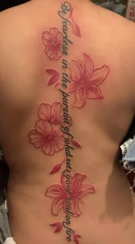 Floral Back Tattoos For Women, Hibiscus Flower Back Tattoos, Pink Spine Tattoo, Louts Flower Tattoo Back, Pink Back Tattoo, Habisquis Flower Tat, Hibiscus Tattoo Back, Hibiscus Spine Tattoo, Hibiscus Back Tattoo