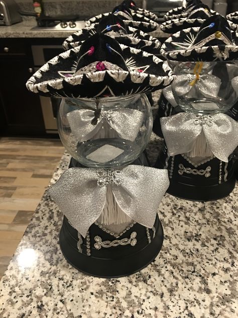 Charro Baptism centerpieces Mariachi Themed Quinceanera, Charra Quinceanera Ideas Centerpieces, Mariachi Centerpieces, Charro Theme Quinceanera Centerpieces, Mexican Fiesta Party Centerpieces, Charo Quince Decorations, Mexican Theme Hairstyles, Charro Birthday Party Ideas, Mariachi Decorations Fiestas