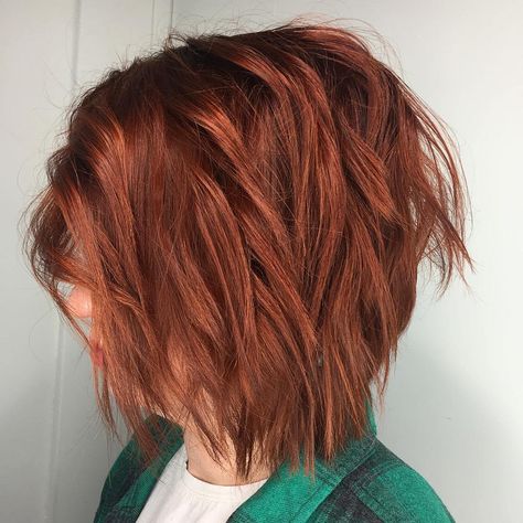 #21: Shaggy Bright Copper Red Bob Copper Red Bob, Short Textured Hair, Red Bob, Shades Of Red Hair, Short Shag Haircuts, Cute Hair Colors, Short Shag Hairstyles, Shaggy Haircuts, Short Shag