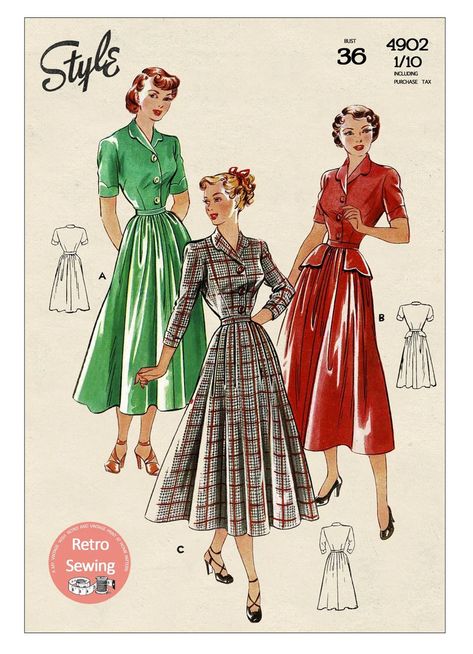 1940s Shirt Dress with or without Peplum PDF Sewing Pattern | Etsy Late 1940s Fashion, Skirt Folds, 1940s Dress Pattern, 1940 Dress, 39 Steps, Forties Fashion, Sewing Guide, Shirt Dress Pattern, Frock Patterns