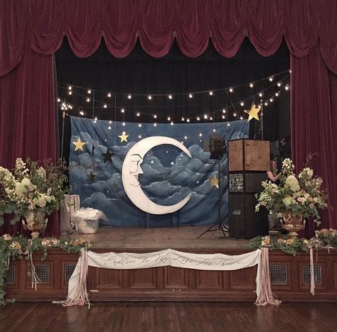 Vintage Prom Decor, Theater Wedding, Sky Backdrop, Bohemian Princess, Blue Night Sky, Starry Night Wedding, Paper Rings, Theatre Wedding, Vintage Theatre