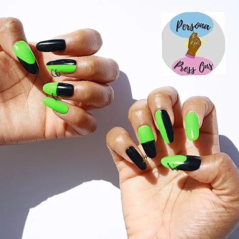 Black And Neon Green Nails Ideas, Like Green And Black Nails, Black Neon Green Nails, Shego Nails, Black Green Nails, Neon Green And Black Nails Acrylic, Neon Green Black Nails, Black And Green Lightning Nails, Green Acrylic Nails