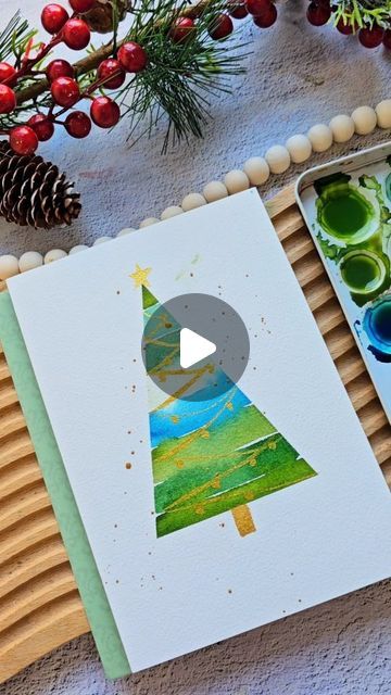 Joly Poa on Instagram: "Easy Christmas Tree 🎄✨️

#watercolorchristmas #christmastreecard #watercolorcard #diycards #holidaycards" Watercolour Painting Christmas Card, Diy Christmas Cards Easy, Button Christmas Cards, Watercolor Christmas Cards Diy, Fun Holiday Cards, Christmas Bookmark, Christmas Card Tutorials, Christmas Cards Diy, Simple Holiday Cards