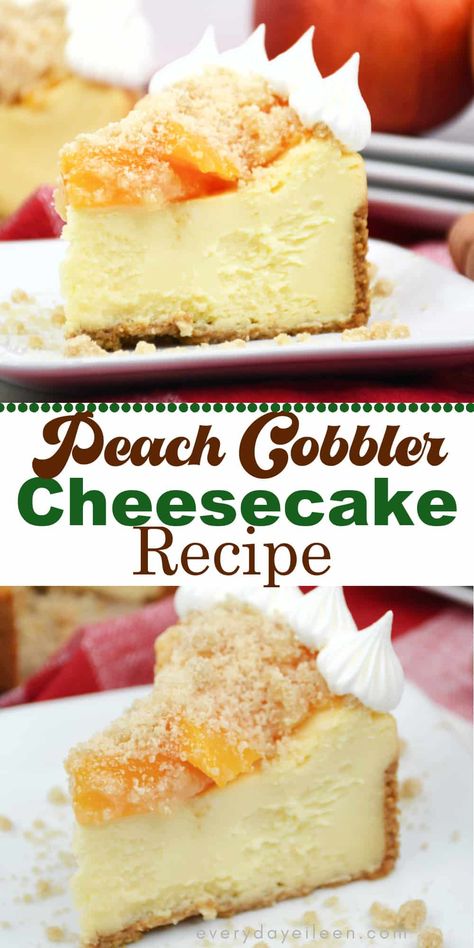 Peach Crumble Cheesecake, Peach Cheesecake Recipes, Cheesecake Peach Cobbler, Peach Cobbler Topping, Cheesecake With Peaches, Cheesecake Flavors Ideas, Peach Topping For Cheesecake, Frozen Peach Cheesecake Recipes, No Bake Cheesecake Peach