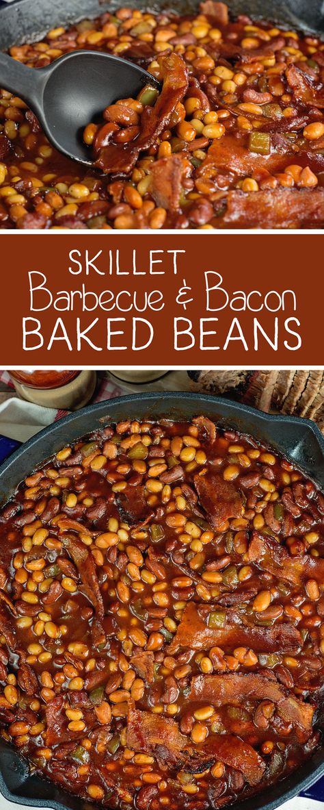 The best Skillet Barbecue Baked Beans with Bacon Recipe EVER! - Bonus: you can make them on them in the oven or over the campfire. Barbecue Baked Beans, Bacon Baked Beans, Cowboy Baked Beans, Meat Marinades, Pie Iron Recipes, Best Baked Beans, Baked Beans With Bacon, Beans With Bacon, Bbq Beans